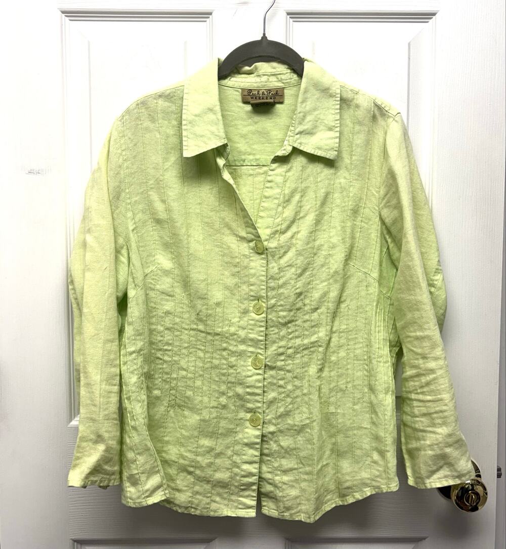 Peck & Peck Blouse 100 Linen Fitted Button Lime Green Size L Natural Fiber